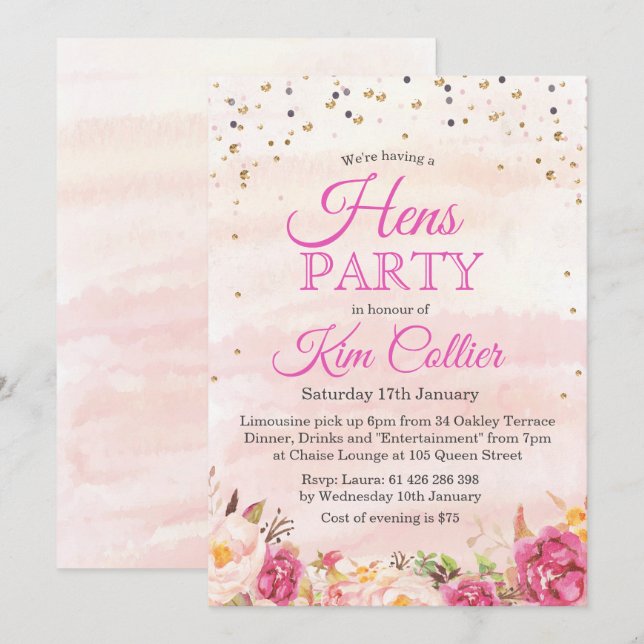 Hens Party Floral Watercolor Invitation (Front/Back)