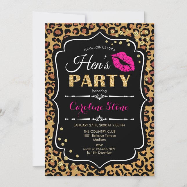 Hens Party - Leopard Print Black Pink Gold Invitation (Front)