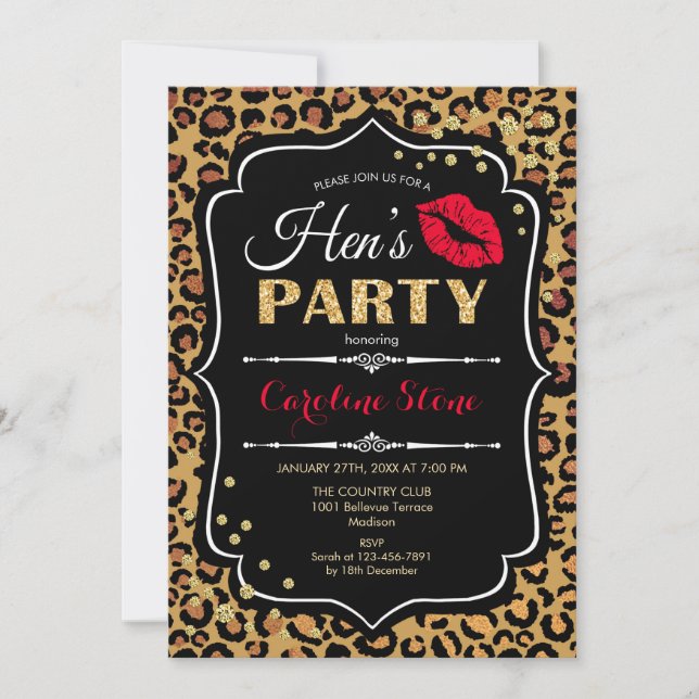 Hens Party - Leopard Print Black Red Gold Invitation (Front)