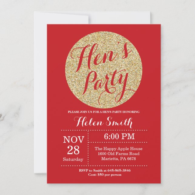 Hens Party Red and Gold Glitter Invitation Card (Front)
