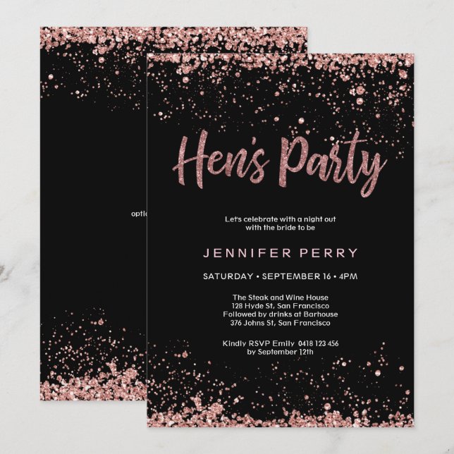 Hen's Party rose gold glitter Invitation (Front/Back)