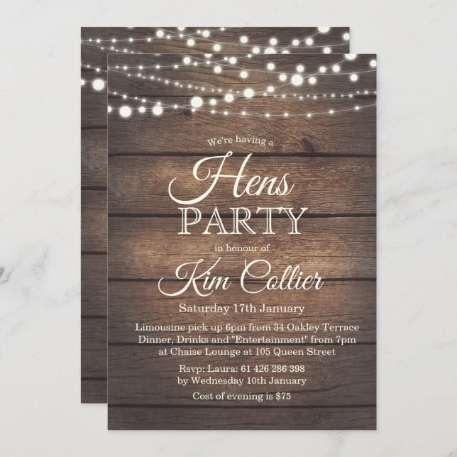 Hens Party Rustic Wood Lights Invitation (Front/Back)