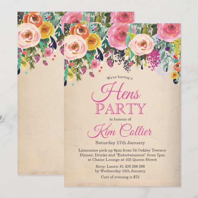 Hens Party Vintage Floral Invitation (Front/Back)