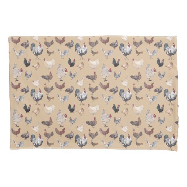 Hens & Roosters, Watercolor Chicken Print Pillowcase (Front)