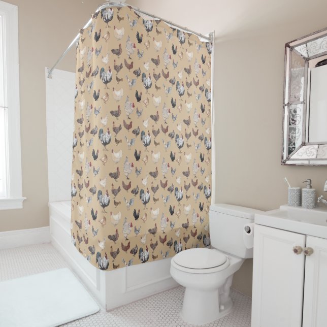 Hens & Roosters, Watercolor Print Shower Curtain (In Situ)