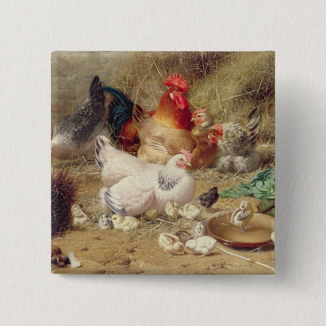 Hens roosting with their chickens 15 cm square badge (Front)