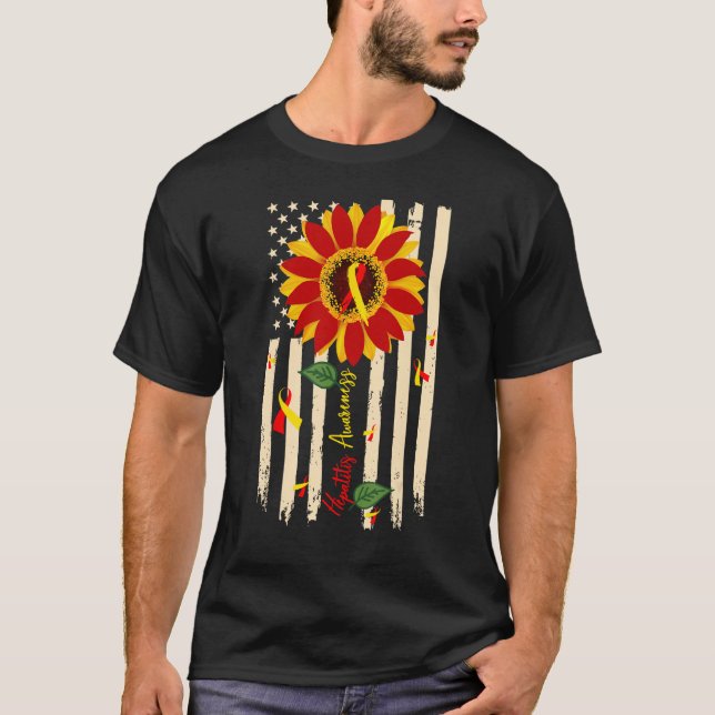 Hepatitis Awareness Sunflower Red and Yellow Ribbo T-Shirt (Front)