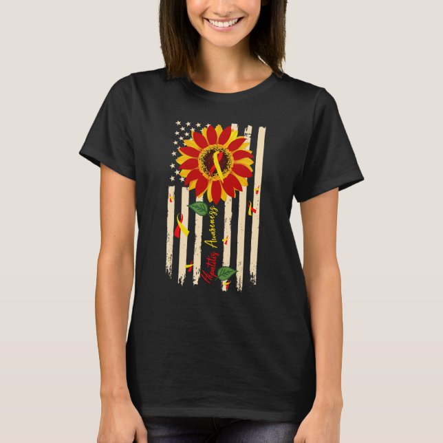 Hepatitis Awareness Sunflower Red and Yellow Ribbo T-Shirt (Front)