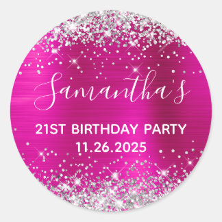 Her 21st Birthday Hot Pink and Silver Glitter Classic Round Sticker
