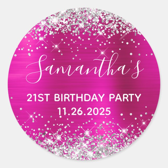 Her 21st Birthday Hot Pink and Silver Glitter Classic Round Sticker (Front)