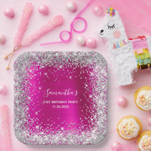 Her 21st Birthday Hot Pink and Silver Glitter Paper Plate