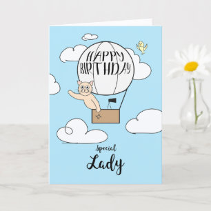 Her Birthday Across Miles Cat in Hot Air Balloon   Card