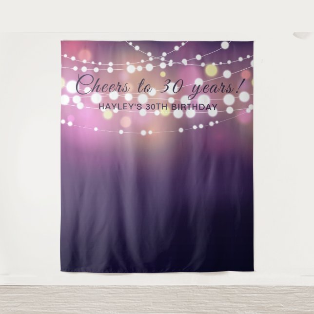 Her Birthday Photo Backdrop String Lights Purple Tapestry (Front)