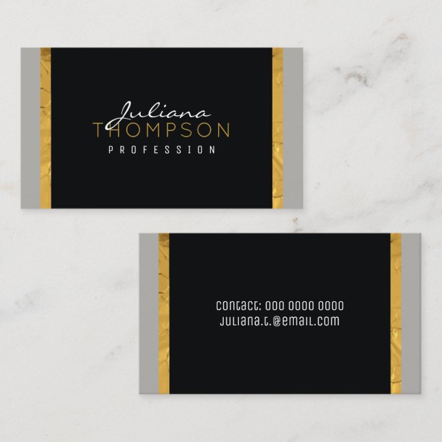 her elegant black, gold and grey luxe business card (Front/Back)