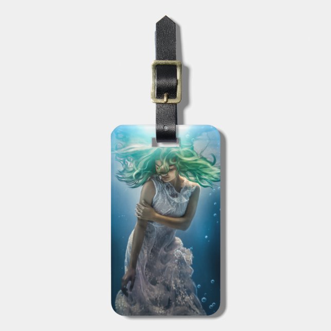 Her Emerald Curls - Mermaid Hovering Underwater Luggage Tag (Front Vertical)