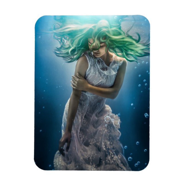 Her Emerald Curls - Mermaid Hovering Underwater Magnet (Vertical)