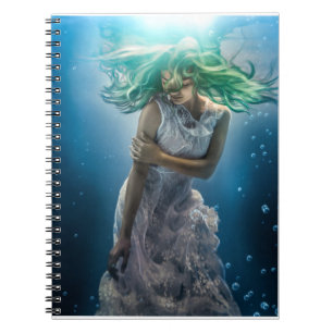 Her Emerald Curls - Mermaid Hovering Underwater Notebook
