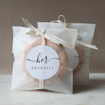 Her Favourite Сalligraphic Favour Gift Classic Rou Classic Round Sticker<br><div class="desc">Her Favourite Favour Sticker with modern calligraphy for Wedding Welcome Bag. Design features a modern style script text layout. To make advanced changes,  please select "Click to customise further" option under Personalise this template.</div>
