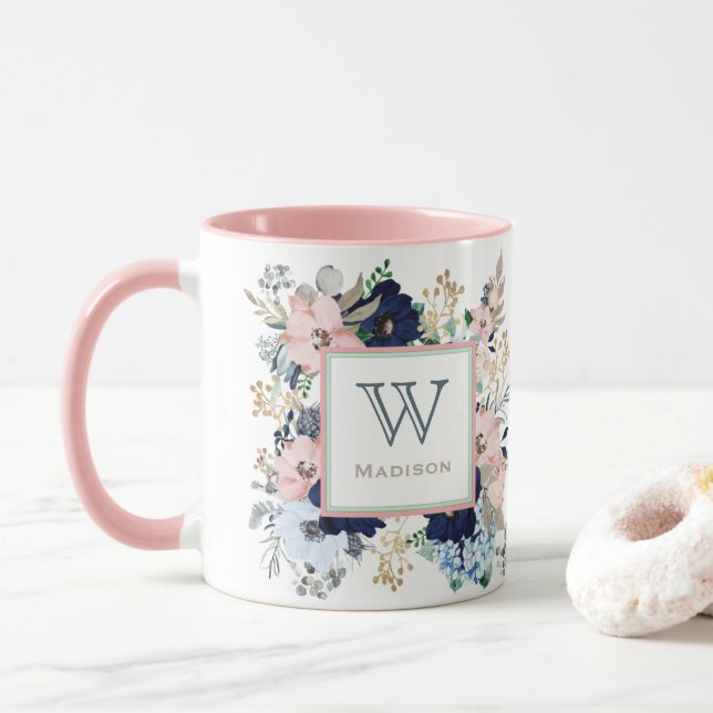 Her Favourite Blue & Pink Rose Monogram Mug (With Donut)