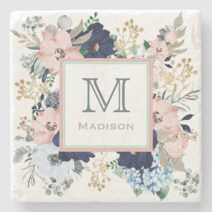 Her Favourite Blue & Pink Rose Monogram Stone Coaster