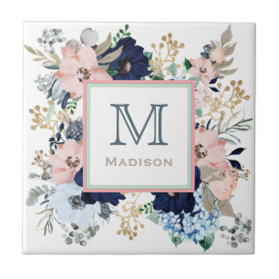 Her Favourite Blue & Pink Rose Monogram Tile
