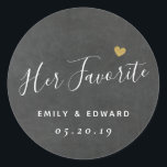Her Favourite Personalised Wedding Favour Chalkboa Classic Round Sticker<br><div class="desc">Custom-designed elegant wedding favour round stickers/labels featuring "Her Favourite" in modern hand calligraphy with a gold glitter heart. Personalise with bride and groom's names and wedding date. Apply the stickers/labels on boxes,  bags,  or jars for unique DIY wedding favours/gifts.</div>