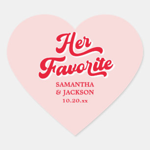 Her Favourite Pink and Red Retro Wedding Favour Heart Sticker