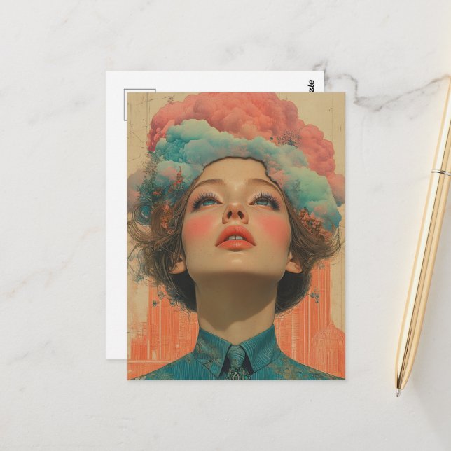 Her Head In the Clouds Surreal Collage Art Postcard (Front/Back In Situ)