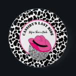 Her Last Ride Disco Cowgirl Bachelorette Party 7.5 Cm Round Badge<br><div class="desc">Celebrate brides to be with these disco cowgirl themed bachelorette party buttons. They feature a fun black and white cow print with an illustration of a disco ball wearing a pink cowboy hat. The text is ready to be customized with your own message.</div>