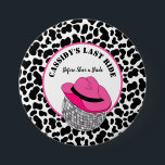 Her Last Ride Disco Cowgirl Bachelorette Party 7.5 Cm Round Badge<br><div class="desc">Celebrate brides to be with these disco cowgirl themed bachelorette party buttons. They feature a fun black and white cow print with an illustration of a disco ball wearing a pink cowboy hat. The text is ready to be customized with your own message.</div>