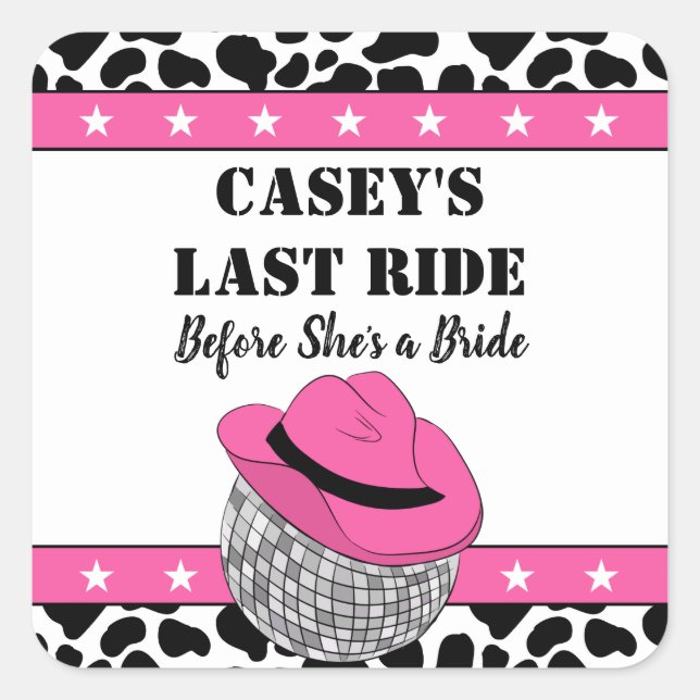 Her Last Ride Disco Cowgirl Bachelorette Party Square Sticker (Front)