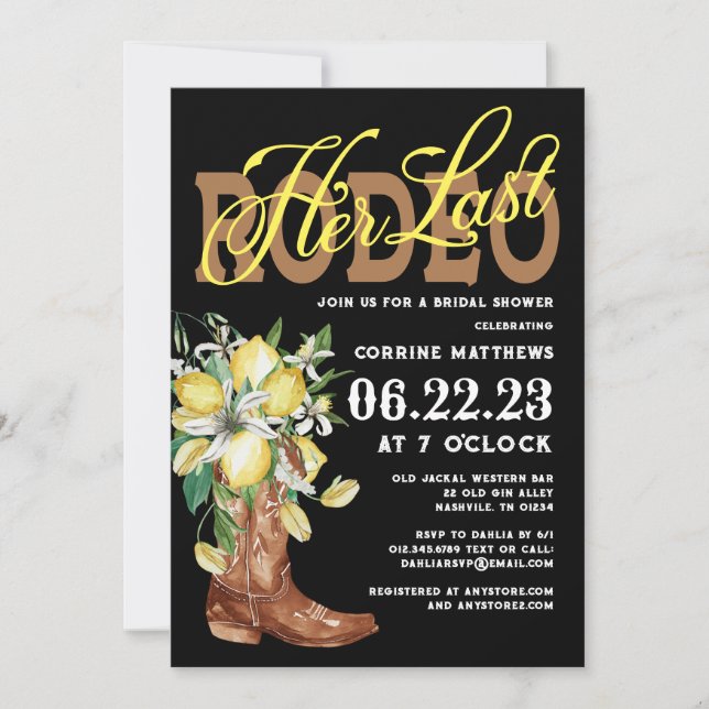Her Last Rodeo Cowgirl Boots Lemons Bridal Shower Invitation (Front)