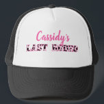 Her Last Rodeo Disco Cowgirl Bachelorette Party Trucker Hat<br><div class="desc">Celebrate brides to be with these disco cowgirl themed bachelorette party personalised hats. They feature the fun slogan "LAST RODEO" in black and white cow hide patterned letters with the bride's name above in pink script lettering.</div>