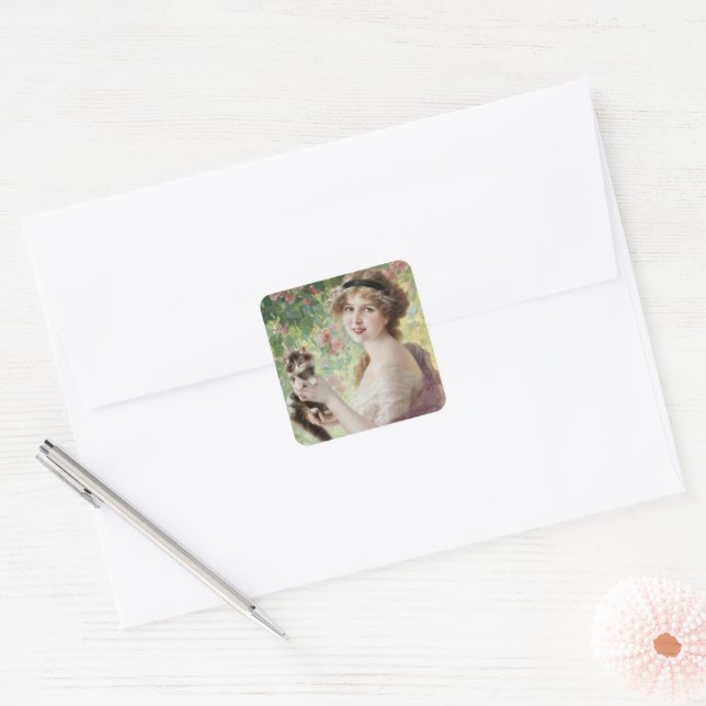 Her Little Kitten by Emile Vernon Square Sticker (Envelope)