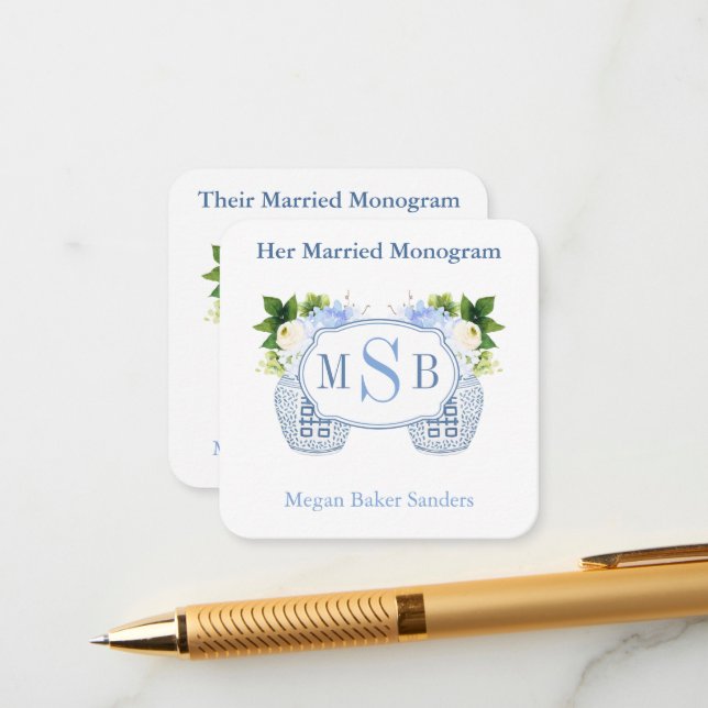 Her Married Monogram Preppy Bridal Shower Enclosure Card (Front/Back In Situ)