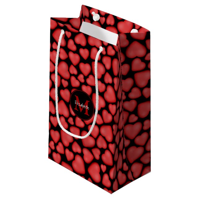 Her name and monogram on red hearts small gift bag (Front Angled)
