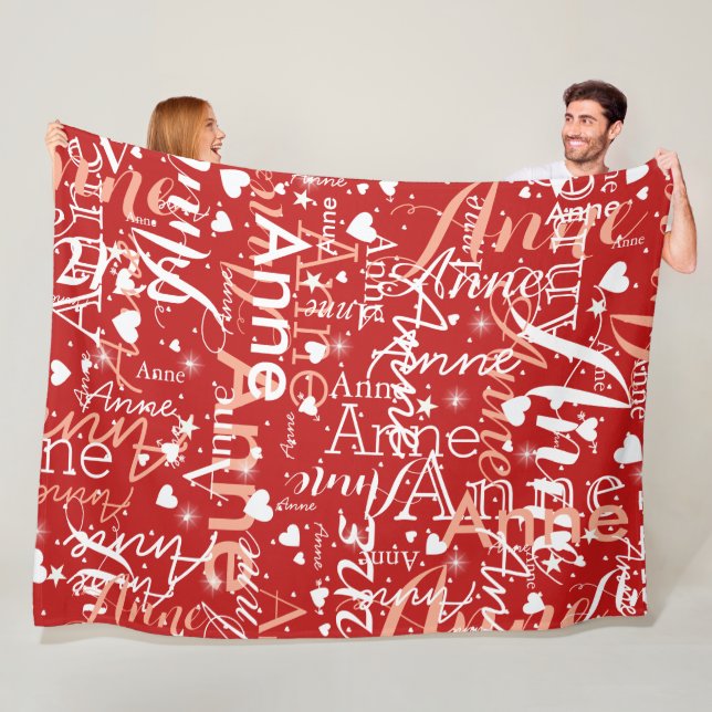 Her Name & Cute Hearts All Over Hot Red Fleece Blanket (In Situ)