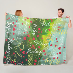 Her Name Initial and Red Hearts Watercolor Fleece Blanket