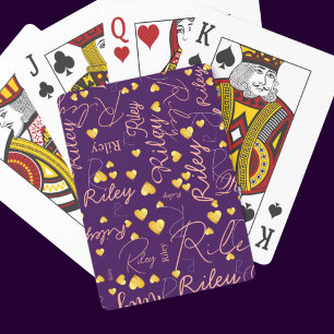 Her Name with Gold Hearts Purple Playing Cards