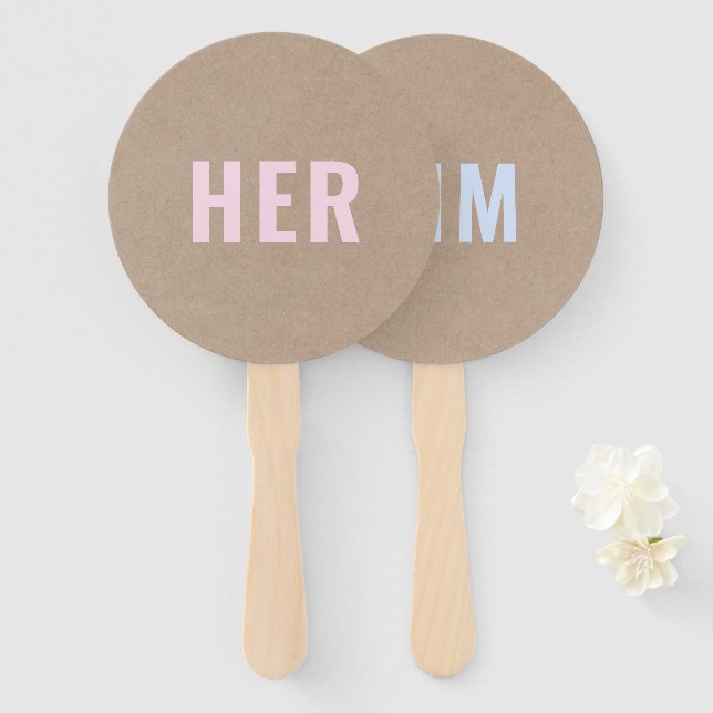 Her or Him? Bride Groom Rustic Kraft Wedding Game Hand Fan (Front and Back)