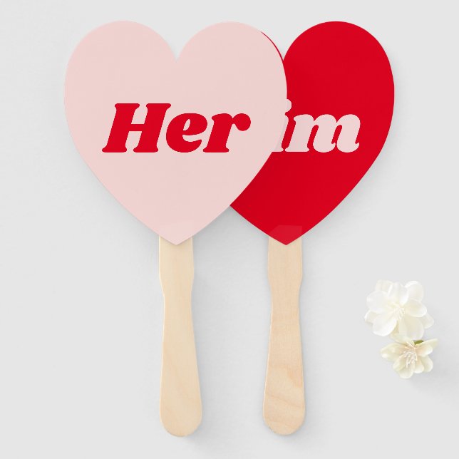 Her or Him Pink and Red Wedding Game Hand Fan (Front and Back)