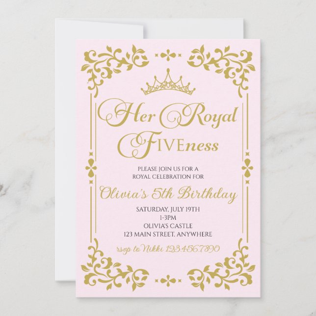 Her Royal Fiveness Gold Princess 5th Birthday Invitation (Front)
