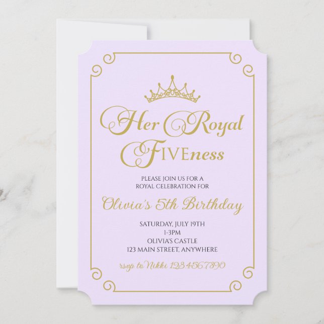 Her Royal Fiveness Gold Princess 5th Birthday Invitation (Front)