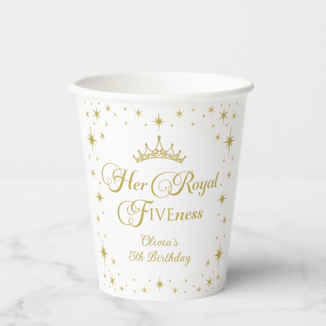 Her Royal Fiveness Gold Princess 5th Birthday Paper Cups (Front)