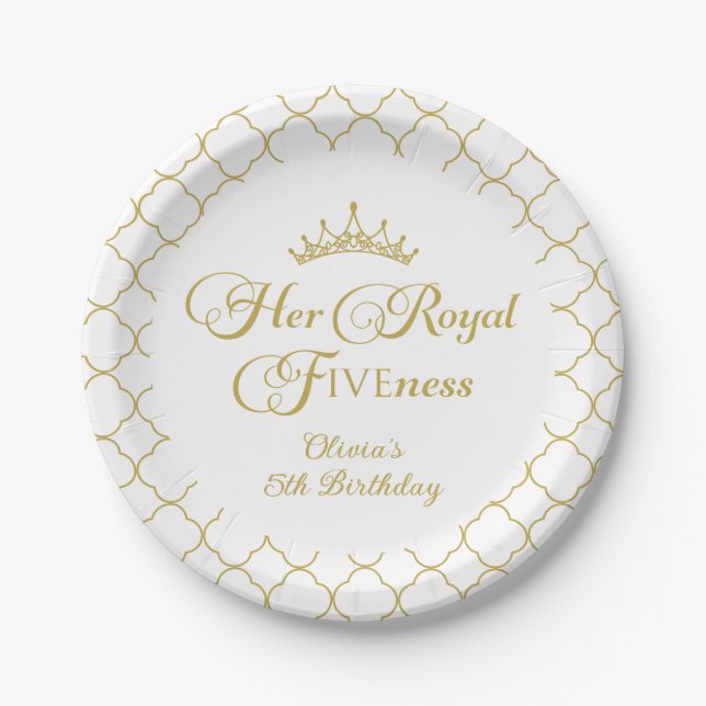Her Royal Fiveness Gold Princess 5th Birthday Paper Plate (Front)
