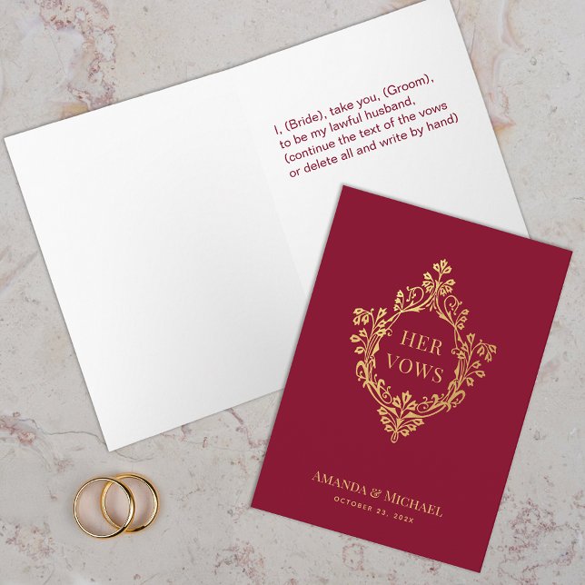 Her Vows Burgundy Elegant Faux Gold Crest Wedding Card (Creator Uploaded)