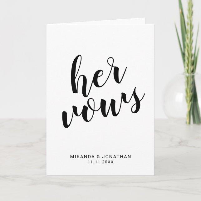 'Her Vows' Elegant Black and White Wedding Vows Note Card (Front)