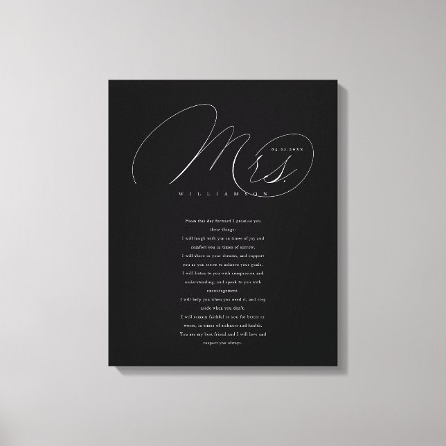 Her Vows Elegant Mrs. Newlyweds Wedding Vows Black Canvas Print (Front)