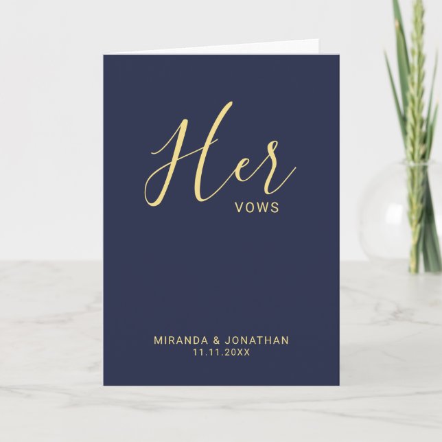'Her Vows' Navy Blue and Gold Wedding Vows Note Card (Front)