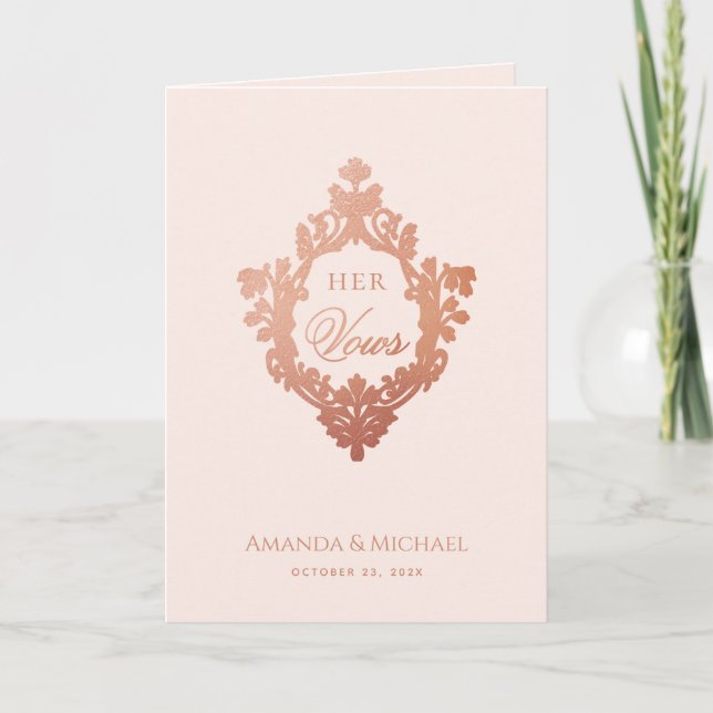 Her Vows Pink Elegant Rose Gold Crest Wedding Book Card (Front)